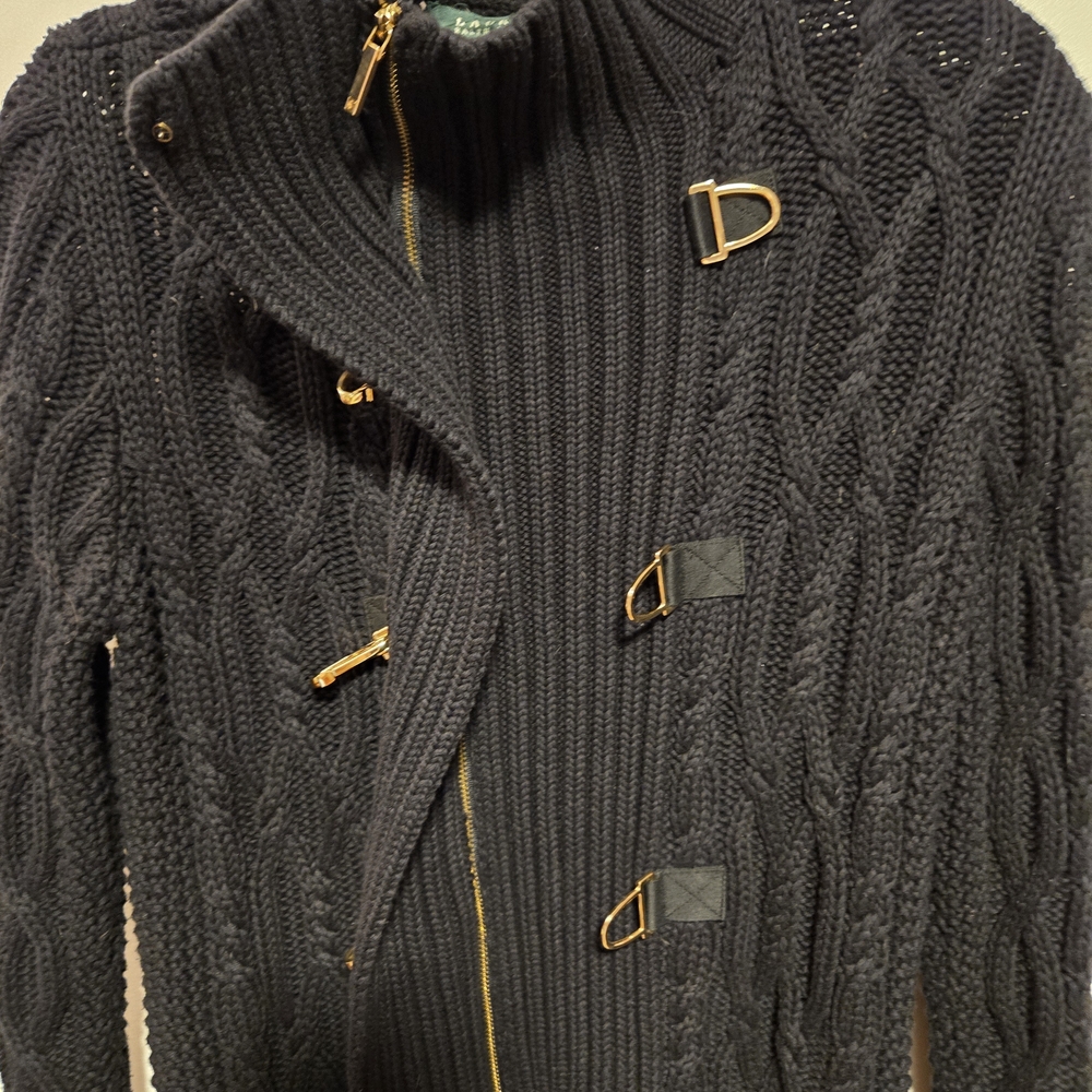 Ralph Lauren Black Cable Knit Turtleneck Sweater with Gold Buckles - Picture 8 of 11